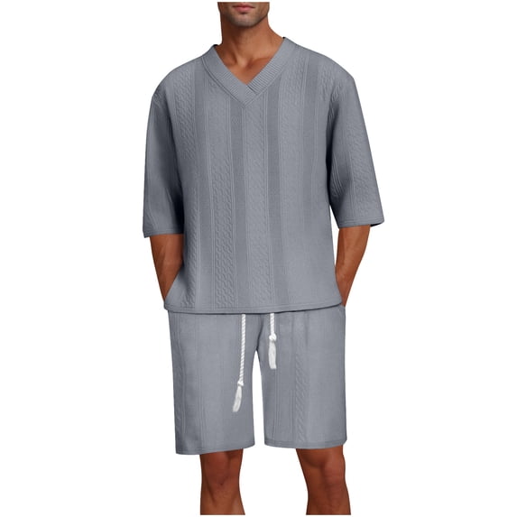 Ohufall Plus Size Outfits for Men 2 Pieces Set Fashion Solid Casual V-Neck Tee Shirts and Drawstring Elastic Waist Shorts Summer Beach T-shirt Short Sets
