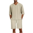thumbnail image 1 of Ohufall Plus Size Outfits for Men 2 Pieces Set Fashion Solid Casual V-Neck Tee Shirts and Drawstring Elastic Waist Shorts Summer Beach T-shirt Short Sets, 1 of 7