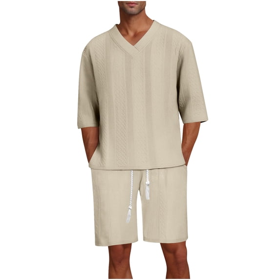 Ohufall Plus Size Outfits for Men 2 Pieces Set Fashion Solid Casual V-Neck Tee Shirts and Drawstring Elastic Waist Shorts Summer Beach T-shirt Short Sets