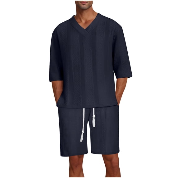 Ohufall Plus Size Outfits for Men 2 Pieces Set Fashion Solid Casual V-Neck Tee Shirts and Drawstring Elastic Waist Shorts Summer Beach T-shirt Short Sets