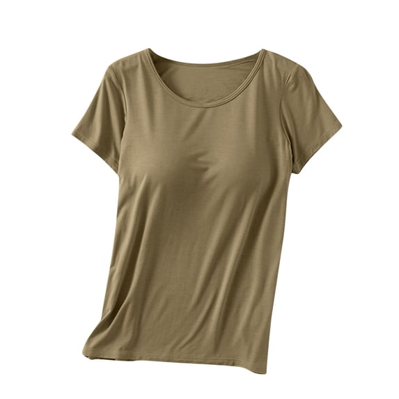 Wdfiry Plus Size Pajama Tops for Women Short Sleeve Summer Crewneck Shirts with Built in Bras Loungewear Sleepwear