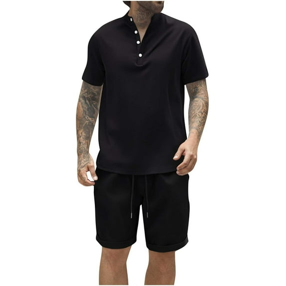Ohufall Plus Size Shorts Set for Men 2 Piece Outfits Fashion Solid Casual Short Sleeve Stand Collar Shirts with Shorts Summer Men Tracksuit Sets