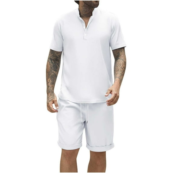 Ohufall Plus Size Shorts Set for Men 2 Piece Outfits Fashion Solid Casual Short Sleeve Stand Collar Shirts with Shorts Summer Men Tracksuit Sets