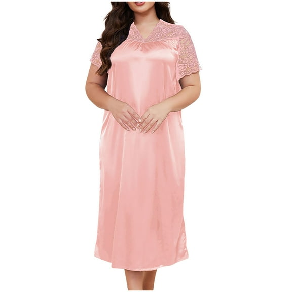 Ohufall Plus Size Sleepdress for Women Casual Solid Color Ice Silk Lace Short Sleeve Nightgown Comfort Home V-Neck Nightshirt