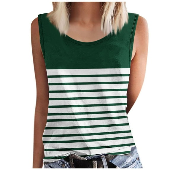 Ohufall Plus Size Sleeveless Tees for Women Fashion Casual Color Block Striped Crew Neck Tank Tops Women Loose Fit Sleeveless T-shirts