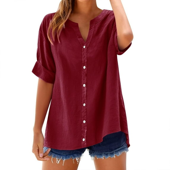Ohufall Plus Size Womens Cotton and Linen Blouses Summer Comfy Breathable Button Down Beach Shirts Fashion Solid Color Casual Short Sleeve V-Neck Shirts