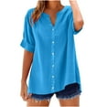 thumbnail image 1 of Ohufall Plus Size Womens Cotton and Linen Blouses Summer Comfy Breathable Button Down Beach Shirts Fashion Solid Color Casual Short Sleeve V-Neck Shirts, 1 of 4