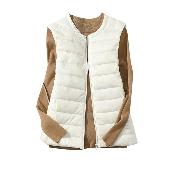 Wdfiry Puffer Vest Womens Crew Neck Solid Color Winter Zip Up Lightweight Sleeveless Puffy Down Jacket Waistcoat