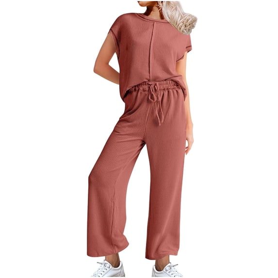 Ohufall Ribbed Pajamas Sets for Women Round Neck Tank Tops And Long Pants Two Piece Lounge Sets Summer Comfy Oufits Loungewear