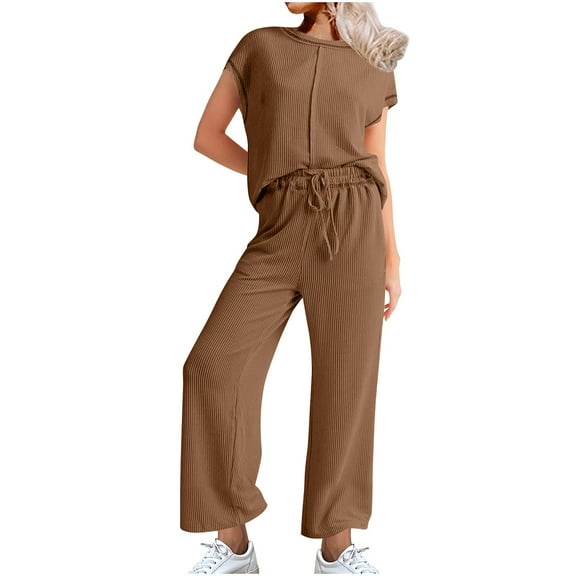 Ohufall Ribbed Pajamas Sets for Women Round Neck Tank Tops And Long Pants Two Piece Lounge Sets Summer Comfy Oufits Loungewear