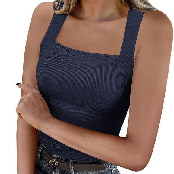 Ohufall Ribbed Tank Tops for Women Fashion Solid Color Casual Sleeveless Square Neck Blouses Summer Slim Fit Breathable Sleeveless Straps Undershirts