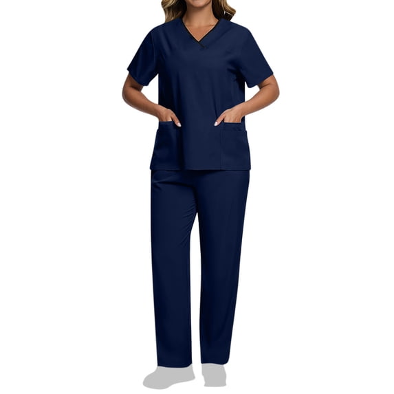 Ohufall Scrubs Set for Women Summer Short Sleeve V Neck Top with Jogging Pants Two Piece Workwear Nursing Uniform with Multi-Pockets