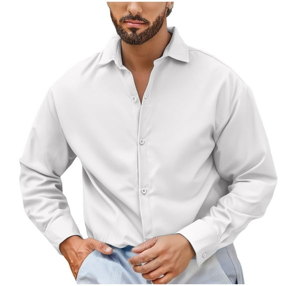Wdfiry Shirts for Men Solid Color Fashion Button Open Front Shirts Long Sleeve Turn-down Collar Business Dressy Tops