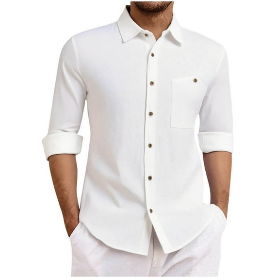 Wdfiry Shirts for Men Solid Color Plus Size Button Shirts Casual Turn-down Collar Long Sleeve Lightweight Tops