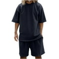 thumbnail image 1 of Ohufall Shorts Set for Men 2 Piece Outfits Summer Solid Casual Short Sleeve Crew Neck Top with Drawstring Elastic Waist Shorts Plus Size Loose Comfy Tracksuit Sets, 1 of 8