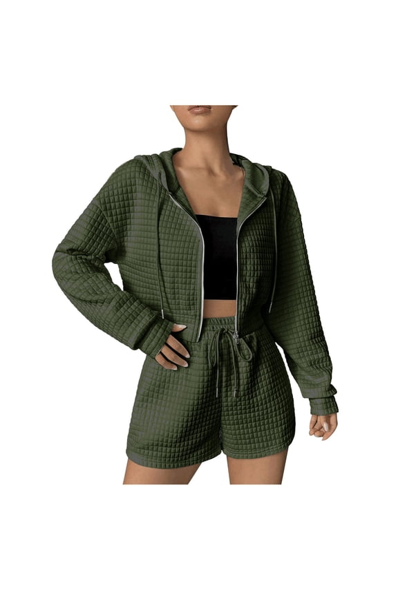 Shorts Set for Women Two Piece Full Zip Up Hoodie Jacket and Drawstring Shorts Crop Sweatsuits Tracksuits
