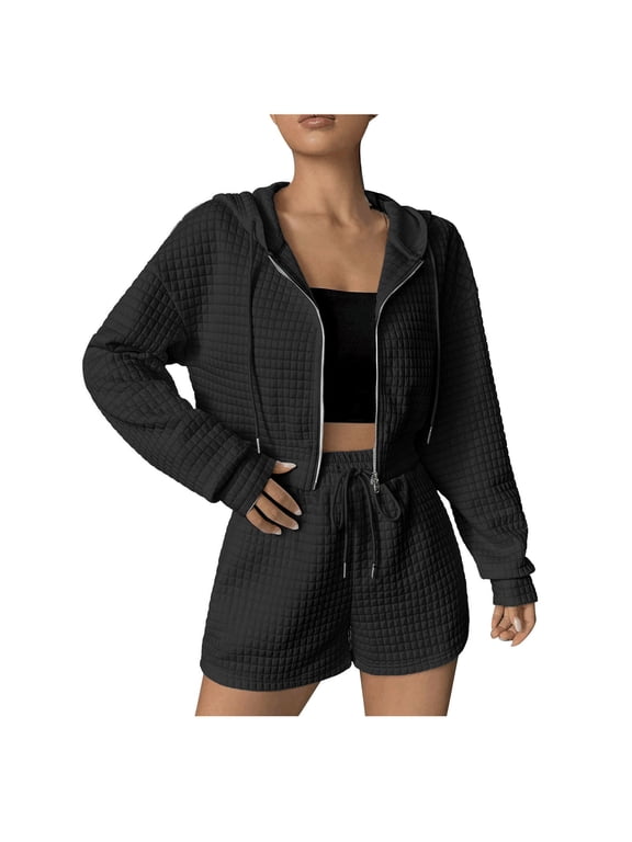 Shorts Set for Women Two Piece Full Zip Up Hoodie Jacket and Drawstring Shorts Crop Sweatsuits Tracksuits