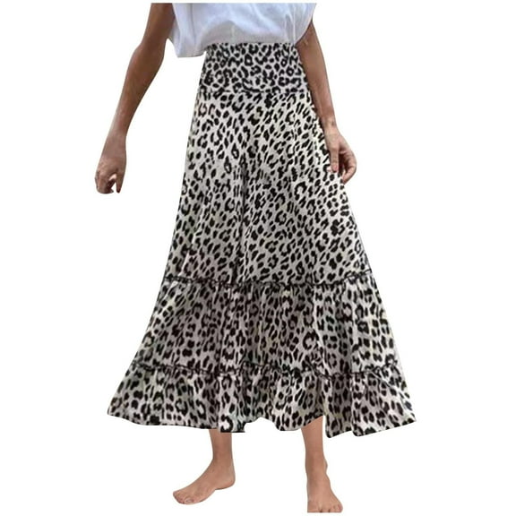 Wdfiry Skirts for Women Women's Summer Elastic High Waist Leopard Print Maxi Skirt Casual A Line Long Skirt
