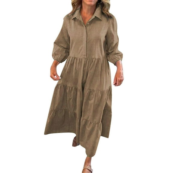 Wdfiry Solid Color Dress for Women Plus Size Lapel Long Sleeve Dress Button Down Pleated Maxi Dresses