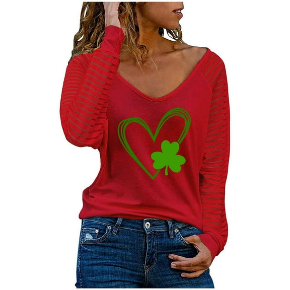 Wdfiry St. Patrick's Day Clothing Womens Casual St. Patricks Day Print Top Long Sleeve V Neck T-shirt Top