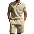 thumbnail image 1 of Ohufall Summer Beach Shirt Short Sets for Men 2 Piece Outfits Casual Solid Cotton Linen Lapel Tee Tops and Shorts Mens Plus Size Tracksuit Sets, 1 of 8