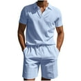 thumbnail image 1 of Ohufall Summer Beach Shirt Short Sets for Men 2 Piece Outfits Casual Solid Cotton Linen Lapel Tee Tops and Shorts Mens Plus Size Tracksuit Sets, 1 of 7