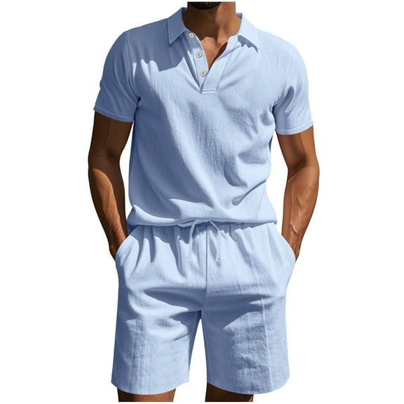 Ohufall Summer Beach Shirt Short Sets for Men 2 Piece Outfits Casual Solid Cotton Linen Lapel Tee Tops and Shorts Mens Plus Size Tracksuit Sets