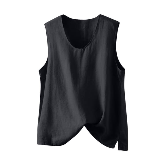 Ohufall Summer Cotton Linen Blouses for Women Fashion Casual Solid Color Side Split Crew Neck Tank Tops Womens Relaxed Fit Pullover Sleeveless Shirts