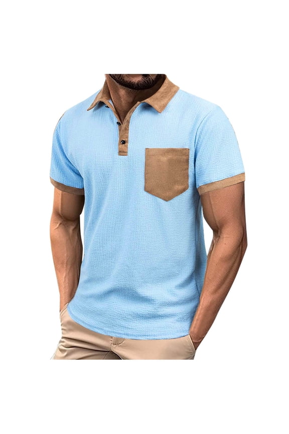Summer Fashion Mens Tee Turn Down Collar Short Sleeve T-Shirts Patchwork Pockets Casual Tops, Size S-3XL