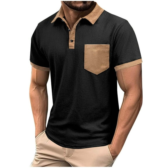 Wdfiry Summer Fashion Mens Tee Turn Down Collar Short Sleeve T-Shirts Patchwork Pockets Casual Tops, Size S-3XL