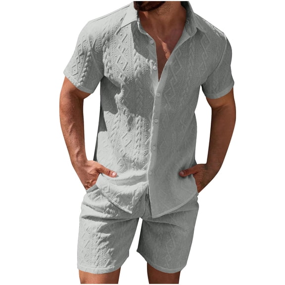 Ohufall Summer Lounge Outfits for Men Casual Solid Button Down Lapel T-shirts with Shorts 2 Piece Matching Lounge Sets with Pockets