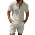 thumbnail image 1 of Ohufall Summer Lounge Outfits for Men Casual Solid Button Down Lapel T-shirts with Shorts 2 Piece Matching Lounge Sets with Pockets, 1 of 4