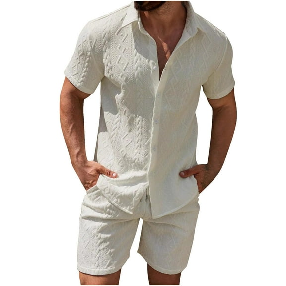 Ohufall Summer Lounge Outfits for Men Casual Solid Button Down Lapel T-shirts with Shorts 2 Piece Matching Lounge Sets with Pockets