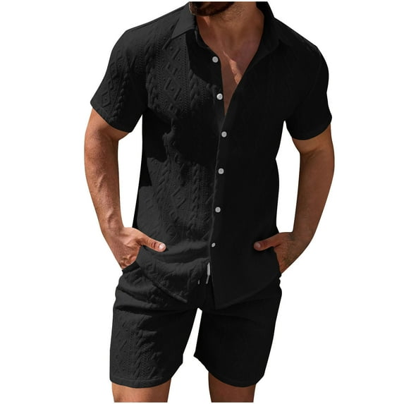 Ohufall Summer Lounge Outfits for Men Casual Solid Button Down Lapel T-shirts with Shorts 2 Piece Matching Lounge Sets with Pockets