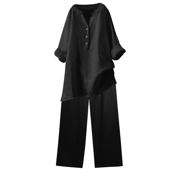 Ohufall Summer Lounge Sets for Women Two Piece Outfits Fashion Long Sleeve V-Neck Cotton Linen Tops And Pants Plus Size Solid Skin-Friendly Sets
