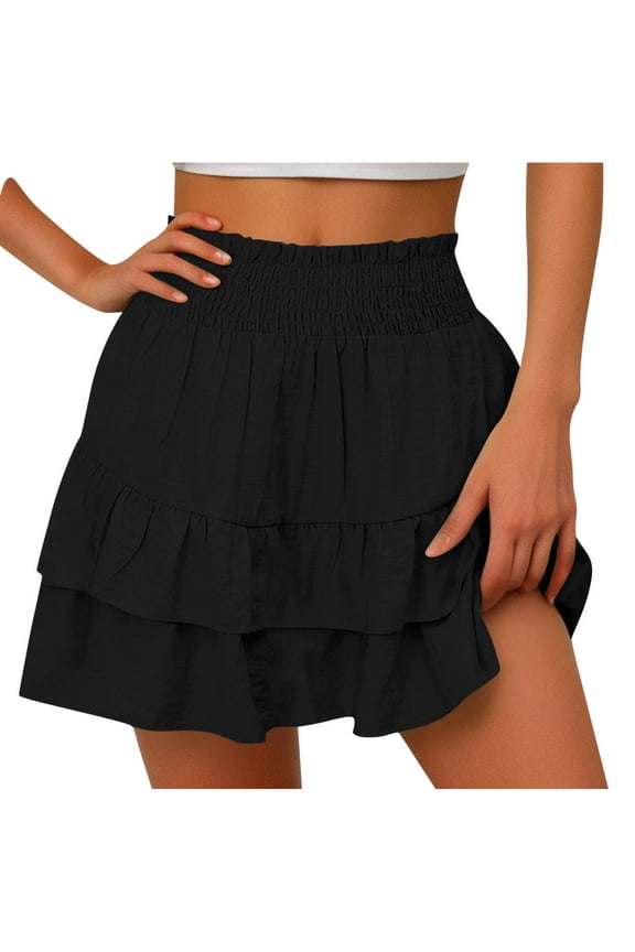 Summer Skirt for Women Boho Elastic High Waist Solid Color Ruffle Casual A Line Flowy Beach Short Mini Skirts