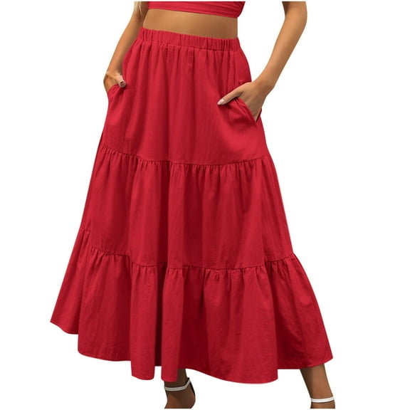 Wdfiry Summer Women's High Waist Boho Solid Pleated Maxi Skirt Casual Flowy Swing A Line Beach Long Skirts Pockets
