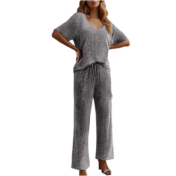 Ohufall Summer Womens Pajamas Sets Casual Solid Short Sleeve Crew Neck Tops and Long Pants Two Piece Lounge Sets Cozy Loungewear Outfits