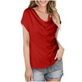 thumbnail image 1 of Ohufall Summer Womens T-shirts Fashion Solid Color Casual Short Sleeve Cowl Neck Shirts Summer Loose Fit Comfortable Pleated Blouse Tops, 1 of 5