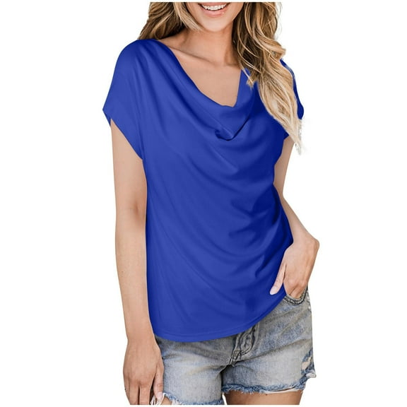 Ohufall Summer Womens T-shirts Fashion Solid Color Casual Short Sleeve Cowl Neck Shirts Summer Loose Fit Comfortable Pleated Blouse Tops