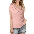 thumbnail image 1 of Ohufall Summer Womens T-shirts Fashion Solid Color Casual Short Sleeve Cowl Neck Shirts Summer Loose Fit Comfortable Pleated Blouse Tops, 1 of 5