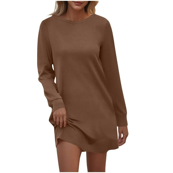 Wdfiry Sweatshirt Dress for Women Round Neck Long Sleeve Solid Color Dress Casual Pullover Fall Mini Dresses