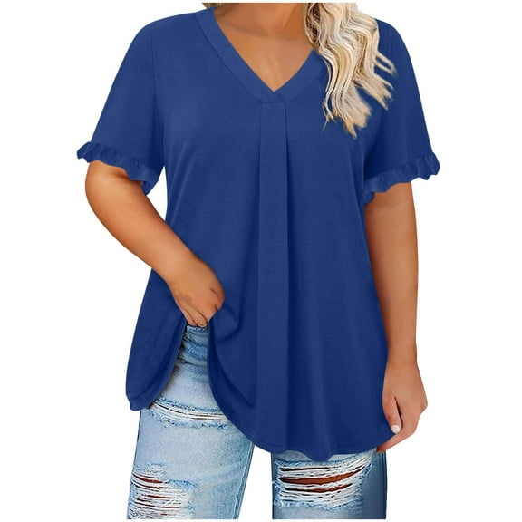 Ohufall T-shirts for Women Plus Size Fashion Casual Solid Color Ruffle Sleeve V-Neck Shirts Summer Loose Comfy Short Sleeve Blouses