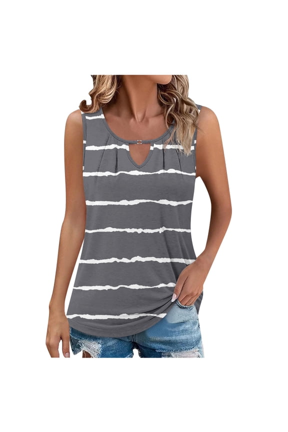 Tank Tops for Women Fashion Casual Stripe Printed Keyhole Neckline Sleeveless T-shirt Tops Summer Womens Loose Fit Beach Shirts