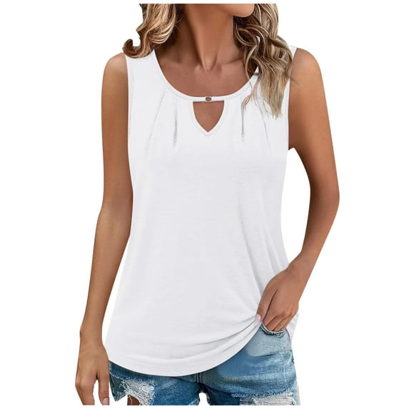 Ohufall Tank Tops for Womens Summer Casual Solid Color Pullover Keyhole Neckline Sleeveless Tees Fashion Loose-fitting Pleated Sleeveless Tops