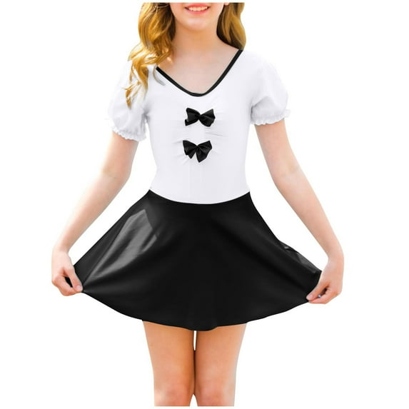 Ohufall Teen Girl's One-Piece Bathing Suits Fashion Colorblock Short Sleeve Bow Swimming Dress Summer Comfy Breathable Skirted Swimsuit for Girls, Sizes 7-18 Years