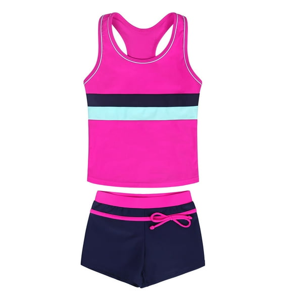 Wdfiry Teen Girls 2 Piece Sport Bathing Suits Fashion Stripe Printed Sleeveless Tankini Swimsuit Top with Boyshorts Summer Beach Swimwear Sets for Girls, Sizes 6-17 Years