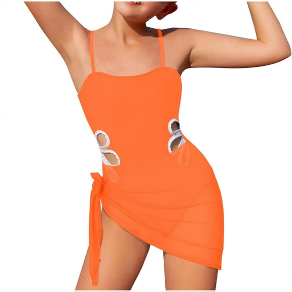 Ohufall Teen Girls Swimsuit Two Piece Sets Fashion Solid Hollow Sling One-Piece Bathing Suits with Wrap Skirt Summer Beach Swimsuit Teenagers Girls, 7-16 Years