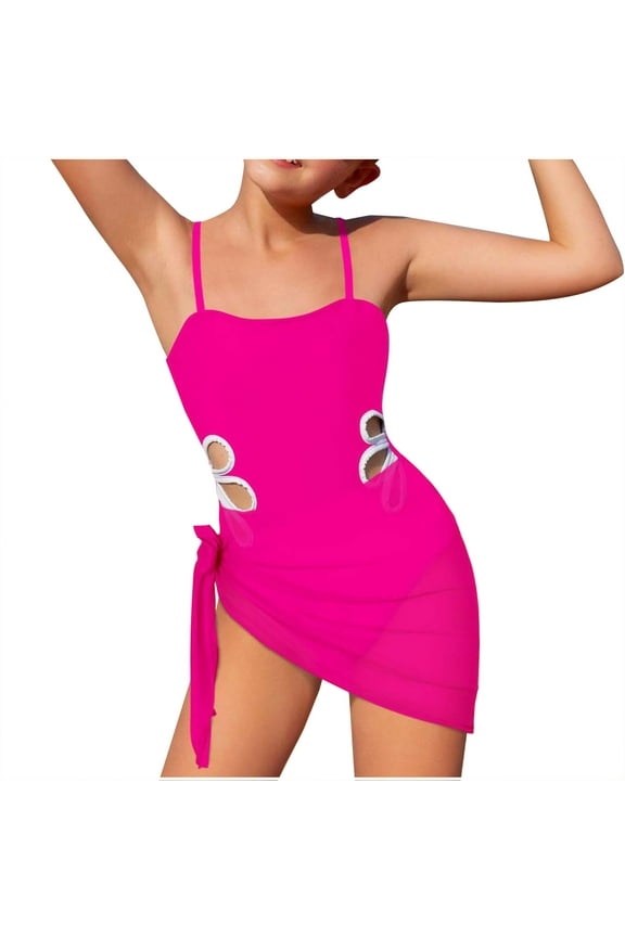 Teen Girls Swimsuit Two Piece Sets Fashion Solid Hollow Sling One-Piece Bathing Suits with Wrap Skirt Summer Beach Swimsuit Teenagers Girls, 7-16 Years