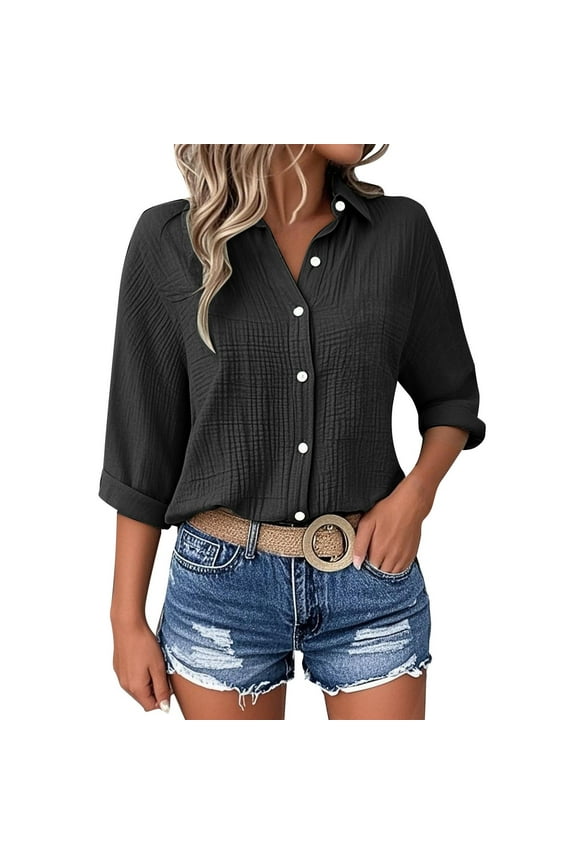 Three Quarter Sleeve Shirts for Womens Turn Down Collar Solid Casual Blouses Plus Size Dressy Comfy Button Down Shirts
